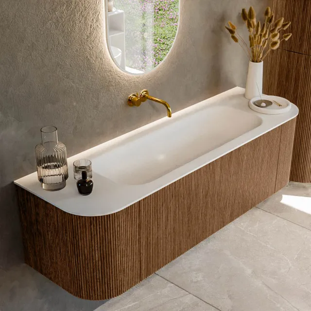 Mondiaz KURVE 150 cm Onderkast Greeploos 1 Lade Met Deuren Walnut, Wastafel Solid Surface Midden Talc 0 Kraangaten Zonder Spiegel (KRVBGM150L+R1L2D0KM-Wal/Tal)