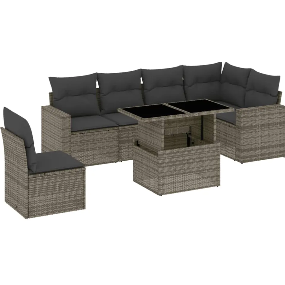 vidaXL 7-delige Loungeset met kussens poly rattan grijs