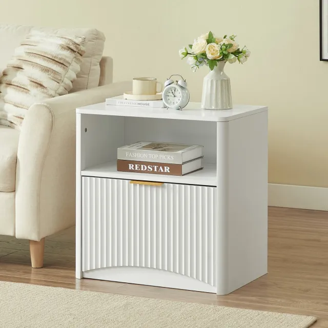 HAUSS SPOLE Nachtkastje - Geribbeld Design Met Lade En Opbergvak - Voor Slaapkamer En Woonkamer - Spaanplaat Metaal - 58x38x60 Cm - Wit