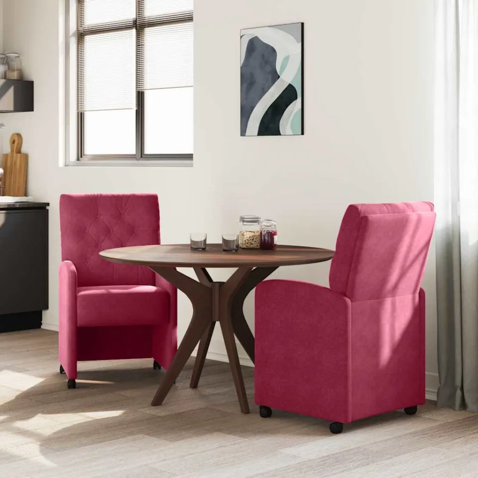 vidaXL Eetkamerstoelen met Wieltjes 2 st Fluweel Wijnrood, foto 3