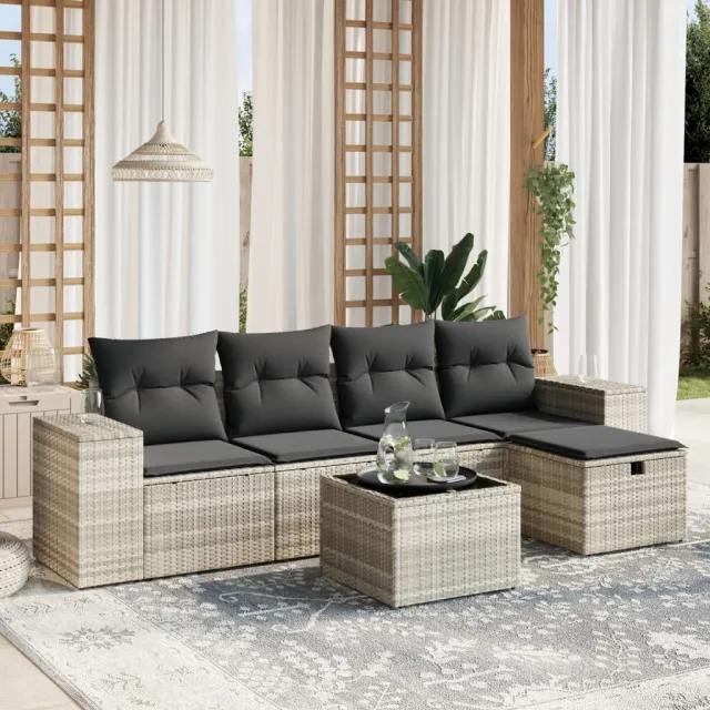 vidaXL 6-delige Loungeset met kussens poly rattan lichtgrijs grijs, foto 2