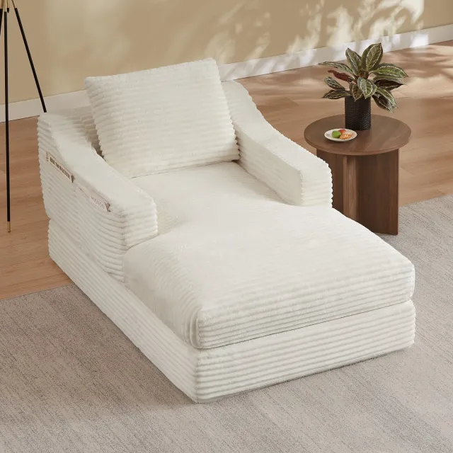 KOMHTOM Moderne minimalistische corduroy luie fauteuil - Ruime eenpersoonsbank - Vrijetijdsbank voor woonkamer en slaapkamer - Dubbel laag ontwerp - Uit te klappen tot bed Wit
