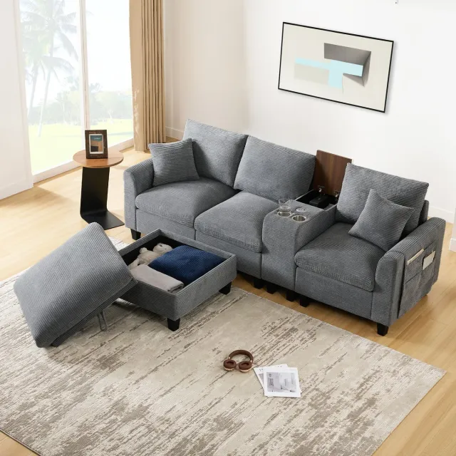 Gutent Bank Moderne L-vormige hoekbank, converteerbare bank met console, 2 bekerhouders, USB-oplaadpunten, opbergvak in de armleuning en kussens, corduroy stof, comfortabele bank voor woonkamer, appartement, kleine ruimtes grijs