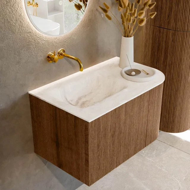 Mondiaz KURVE-DLUX 75 cm Onderkast Greeploos 1 Lade Met Deuren Walnut, Wastafel Solid Surface Links Frappe 0 Kraangaten Zonder Spiegel (KRVGRU75R1L1D0KL-Wal/Fra)