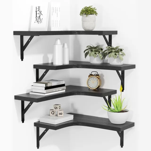 YONO Wandplank Zwevend Set - L Shape Hoekplanken - Hout - 4 Stuks - Boekenplanken - Industrieel Muurplank - Zwart