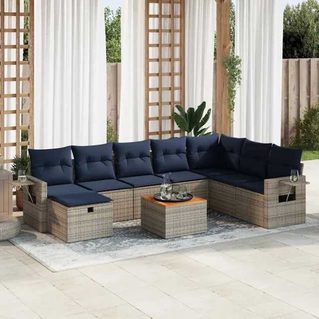 vidaXL 9-delige Loungeset met kussens poly rattan grijs, foto 2
