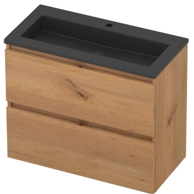 Basic-Line Mood 39 Badmeubelset Acryl 1 Kraangat Greeploos 80x39x62 cm Whisky Oak Mat Zwart