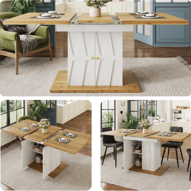 Clruro Eettafel - 110-140 x 70 x 76.5 cm - Uitschuifbare Tafel met Reliëfdecor - Houtfineer - Houtkleur Wit