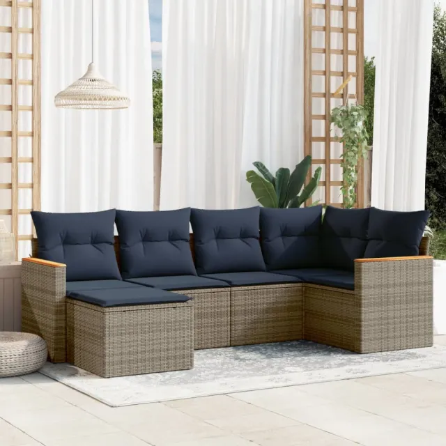 vidaXL 6-delige Loungeset met kussens poly rattan grijs, foto 2