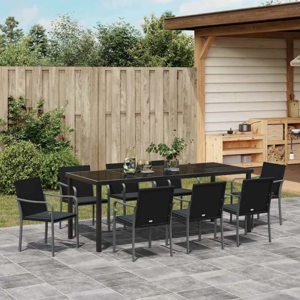vidaXL Tuin eettafelset 9 st Zwart en Grijs PE Rattan, foto 4
