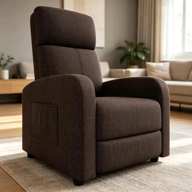 Triumpunpre Handmatig verstelbare stoffen fauteuil - Hoge rugleuning, brede armleuningen, lendensteun, zijvak - voor woonkamer of thuisbioscoop,bruin