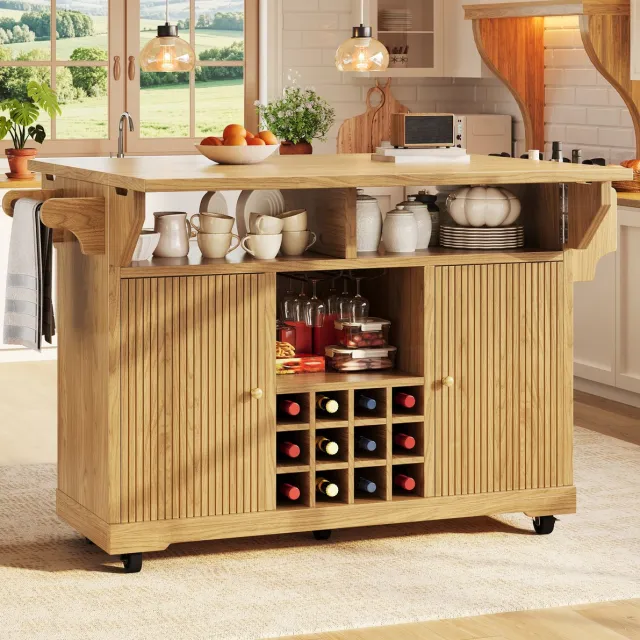REDOM Keukeneiland serveerwagen - Uitklapbaar tafelblad - Verstelbare planken en wijnfleshouder - MDF - Natuurlijk hout - 142,5 x 80 x 95 cm Naturel hout