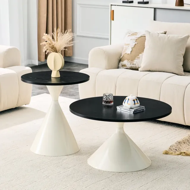 MIVRAY Salontafel Set Van 2 - Nestbare Ronde Koffietafels Voor Woonkamer En Slaapkamer - Houtlook En Metaal - Zwart En Crème