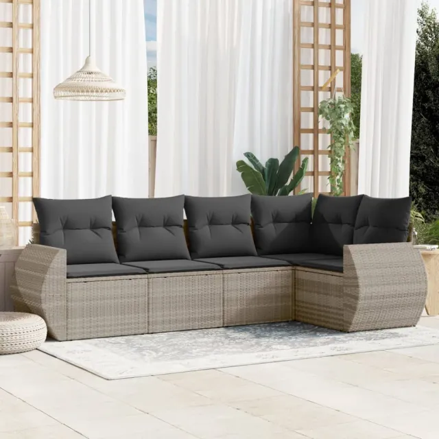 vidaXL 5-delige Loungeset met kussens poly rattan lichtgrijs grijs, foto 2