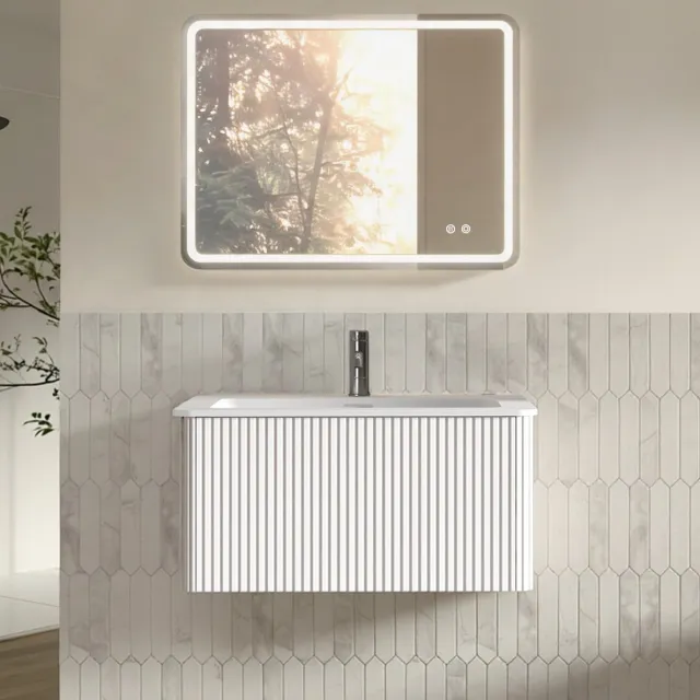 FloraGrace Badkamer Wastafelmeubel Set Met Spiegel - Wandmontage En Voorgemonteerd - Met LED Spiegel En Lade - Wit - 80 Cm En 60x80 Cm