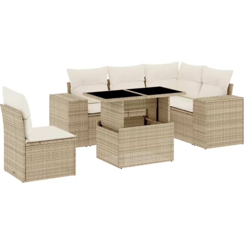 vidaXL 6-delige Loungeset met kussens poly rattan beige, foto 3