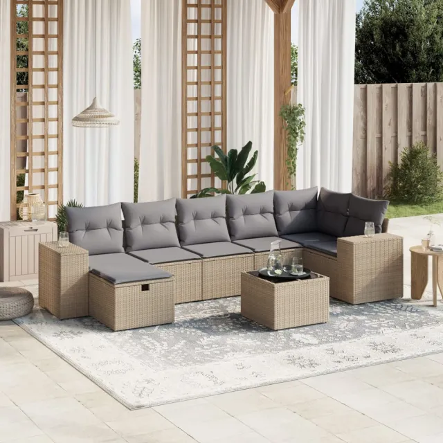 vidaXL 8-delige Loungeset met kussens poly rattan gemengd beige, foto 2