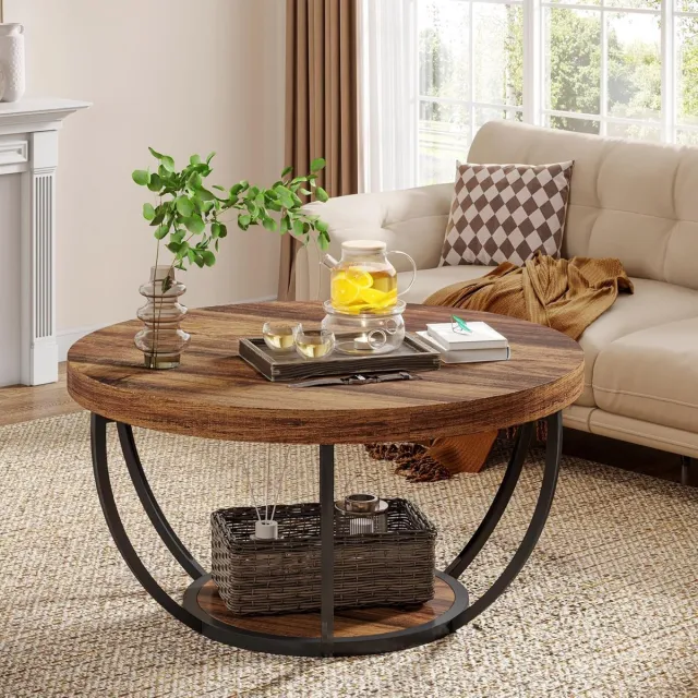 Tribesigns Rond 80CM - Bijzettafel - Salontafel - Tafel - Sidetable - Bruin en zwart - MDF-Plaat & Metaal