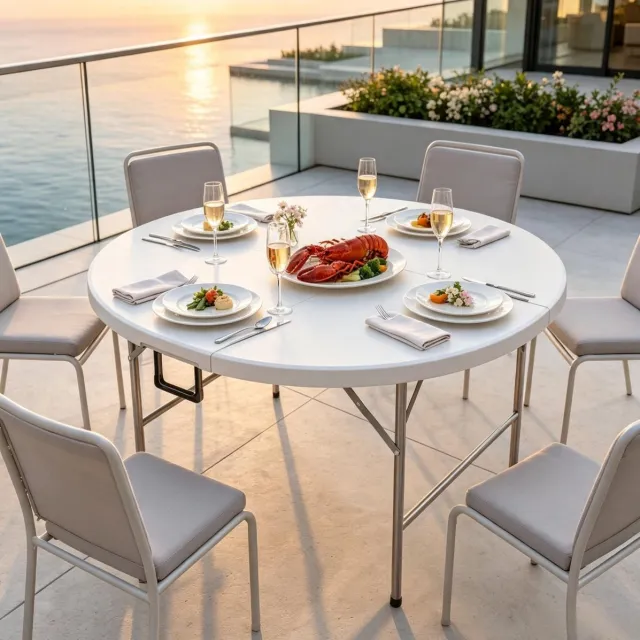 MIVRAY Tuintafel - Opklapbare Ronde Eettafel Van HDPE En Staal - Voor Tuin Terras Balkon En Evenementen - Voor 6 Personen - 122 Cm - Grijs Wit