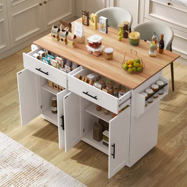 OKWISH Dressoir Keukenwagen – Uitklapbaar Werkblad & Uitbreidbaar – 120x46(70)x91,5 cm – 4 deuren + 2 lades – Opbergruimte Voor Keuken/Eetkamer – Europees Wit+Lichtbruin MDF;Spaanplaat – Met Wielen Vervangbare Houten Poten