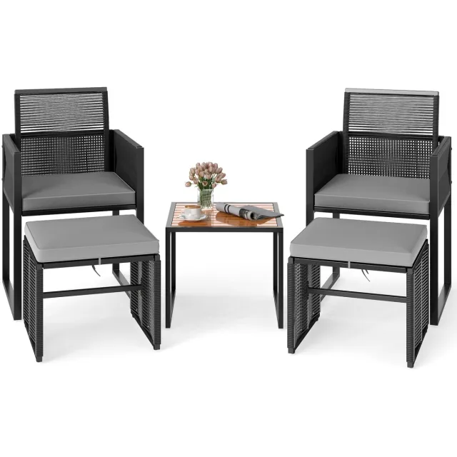 Costway 5-delige rotan tuinmeubelset, balkonmeubel, balkonset incl. 2 stoelen met kussens, kruk en tafel, terrasmeubels, ruimtebesparende tuinset met inklapbare rugleuning, zitgroep voor balkon Zwart en Grijs