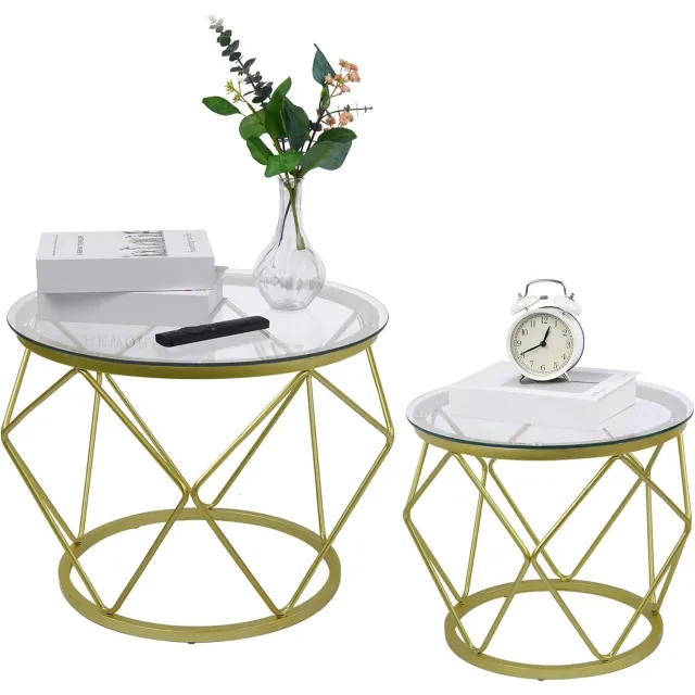 HILINSIE Ronde salontafel, set van 2 bijzettafels, bijzettafelset met metalen frame, klein bijzettafeltje voor woonkamer, slaapkamer, kantoor, slaapkamer, goud