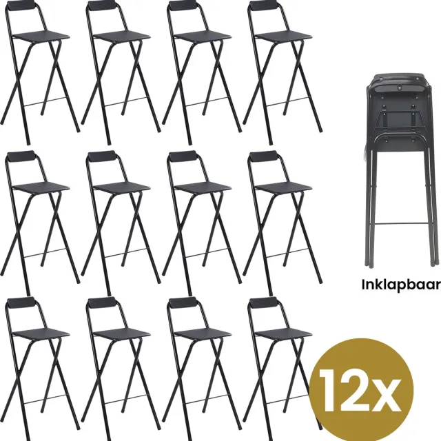 Alora Inklapbare Barkruk - Per 12 - Barkrukken Met Rugleuning - Opvouwbare Barkrukken Set Van 12 - Opklapbaar - Zwart - Outdoor - Barstoel - Klapstoel - Inklapbaar - Met Voetsteun - Camping - Barkruk Buiten