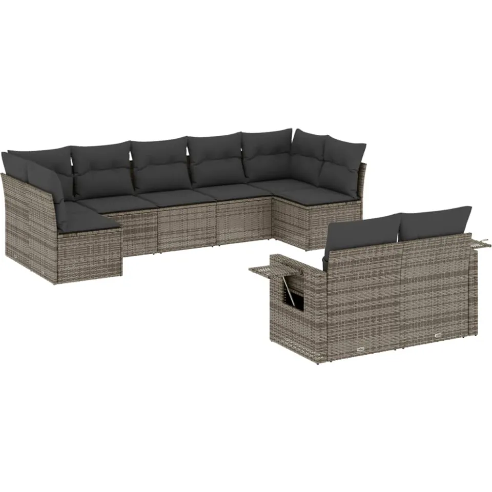 vidaXL 9-delige Loungeset met kussens poly rattan grijs, foto 3
