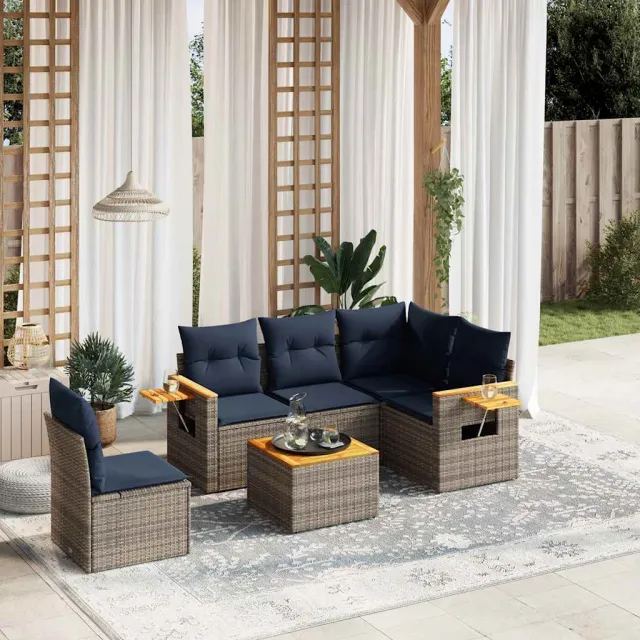 vidaXL 6-delige Loungeset met kussens poly rattan grijs, foto 2