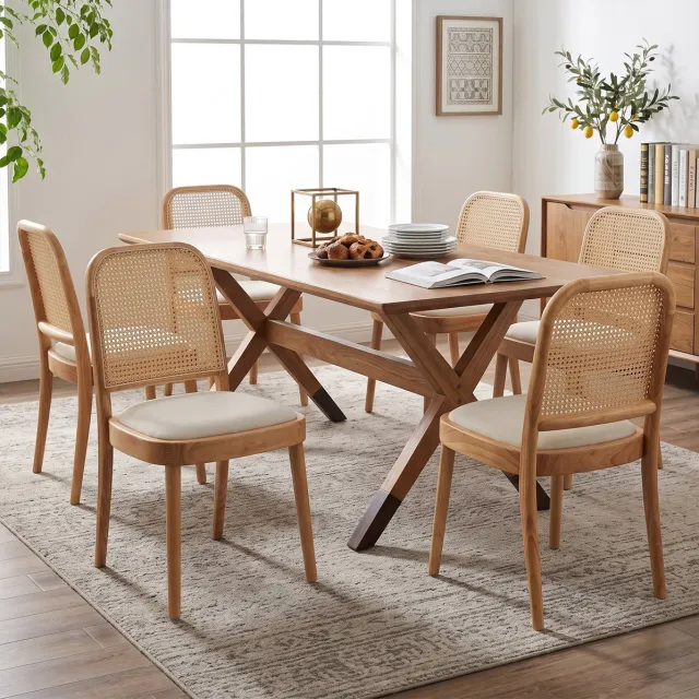 STILVORA Eetkamerstoel Set van 4 - Hout Met Rattan Rugleuning En Linnen Zitting - Voor Eetkamer En Woonkamer - Houtkleur Wood