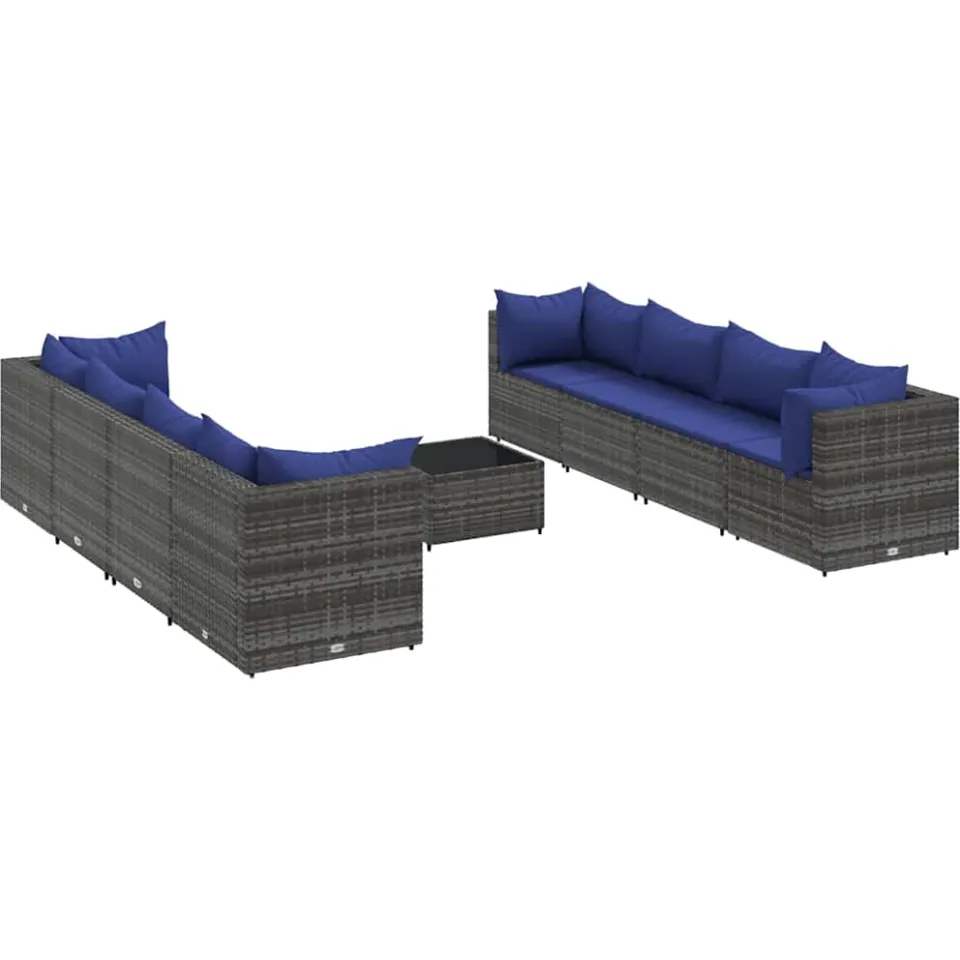 vidaXL 9-delige Loungeset met kussens poly rattan grijs