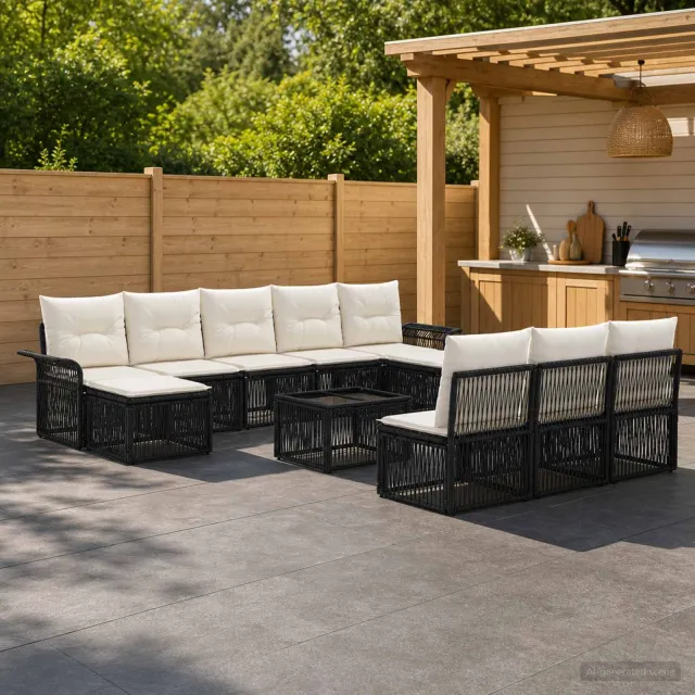 vidaXL Tuinbankenset 11 st 10-zits Zwart poly rattan, foto 2