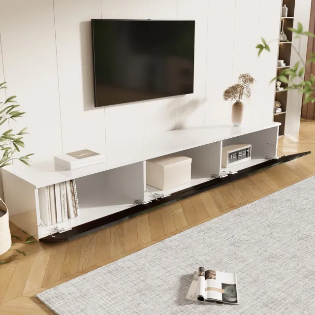 MIVRAY Televisiemeubel - Hoogglans Met Ledverlichting En 3 Deuren - Staand Of Wandmontage Voor Woonkamer - Zwart Wit - 180x35x30 Cm