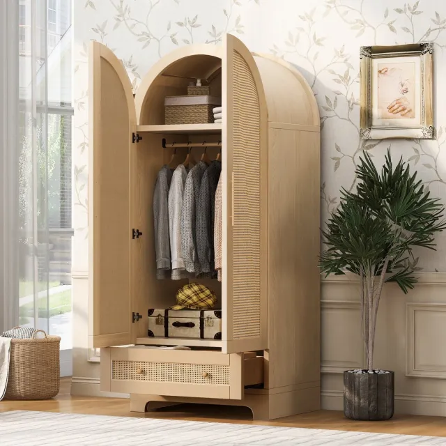 Clruro Kledingkast - 70 x 55 x 170 cm - 2 Deuren met Rotanlook - 2 Lades - MDF - Naturel Hout