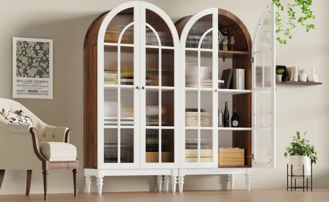 MIVRAY Vitrinekast - Boogvormige Glazen Deuren Met 3 Legplanken - Voor Woonkamer, Eetkamer En Hal - MDF En Metaal - 76x38,5x165 Cm - Wit