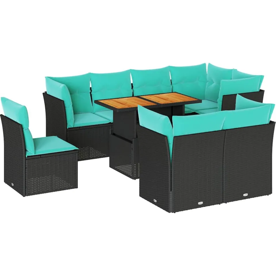 vidaXL 9-delige Loungeset met kussens poly rattan zwart, foto 3