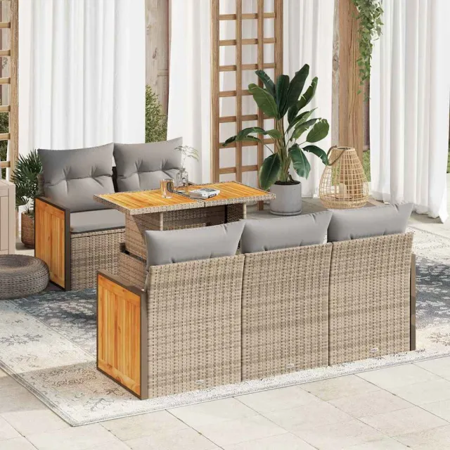 vidaXL 6-delige Loungeset met kussens poly rattan acacia beige, foto 2