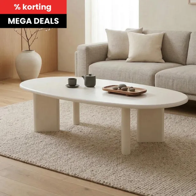 Mahom Salontafel Organisch Savannah Microcement Paneelpoot 120 cm Wit Mahom Industrieel - Kleine tafel van Mangohout & Metaal - Industriële Huiskamertafel Bruin