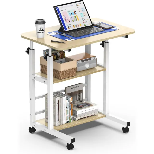 Arvioo ‑Verstelbaar hoogte zijtafel‑3 lagen‑wiel‑houtnerf‑40x60cm