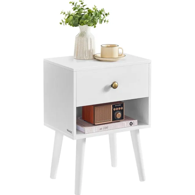FurnStar Nachtkastje – Bijzettafel met lade & open plank – Houten poten – Voor woonkamer, slaapkamer, bank – Sneeuwwit – 28 x 39 x 55 cm Sneeuwit