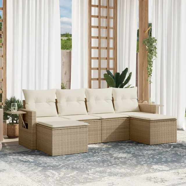 vidaXL 6-delige Loungeset met kussens poly rattan beige, foto 2