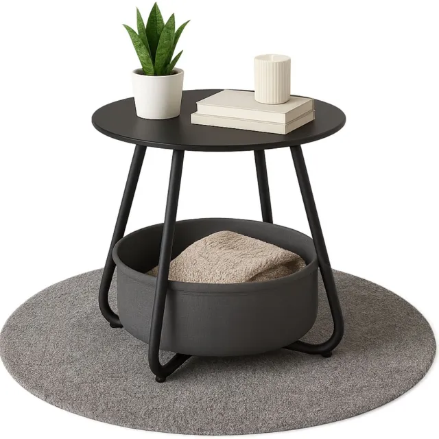 Coemo KOSI salontafel van swarte metaal, Ø 45 x 45 cm, voorzien van een opbergmand van canvas; ronde bijzettafel met opbergruimte – woonkamertafel in vintage-stijl, banktafel of tuintafel met een stoffen mand; wordt gedemonteerd geleverd.