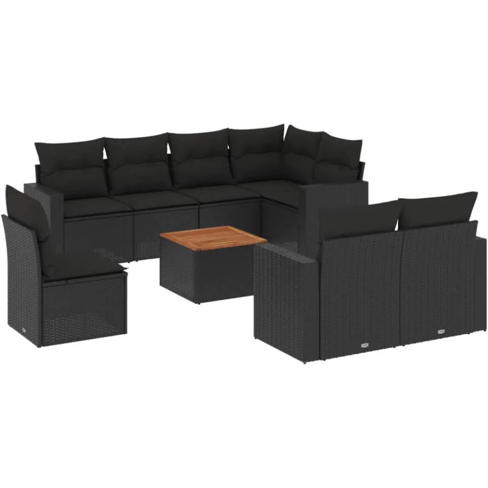 vidaXL 9-delige Loungeset met kussens poly rattan zwart, foto 3