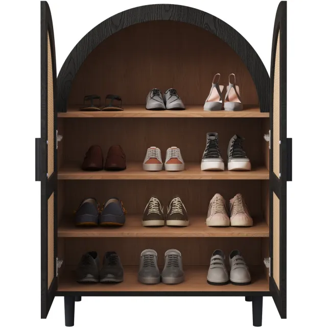 Merax Schoenenkast met Rotan Deuren - 70 x 40 x 100 cm - Houtkleur en Zwart - 3 Legplanken - 12 tot 15 Paar Schoenen - Halmeubel Bruin