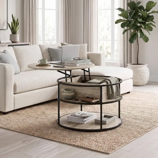 MODFU Ronde Salontafel Met Hefblad En Opbergruimte - Modern - MDF - Eikenkleur - Ø80 Cm