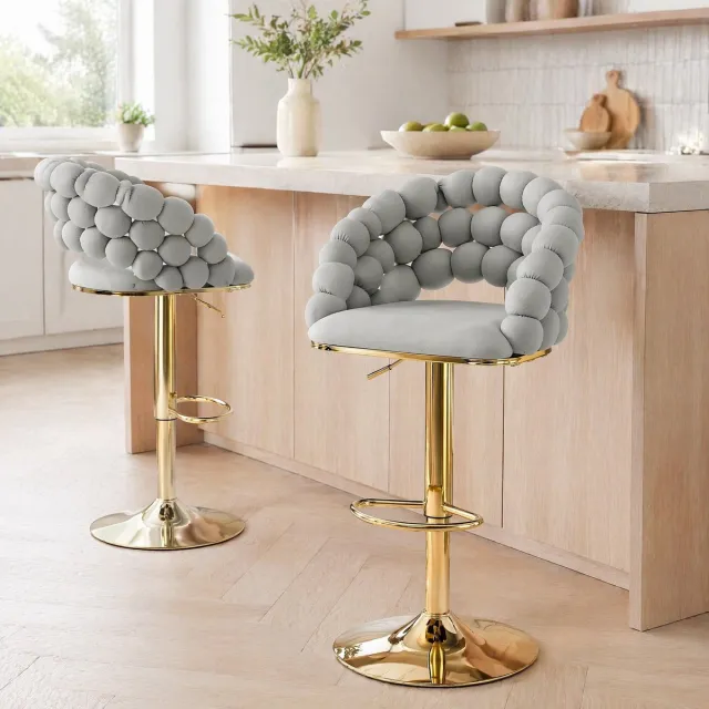 DESMIU Barkruk 52 Cm - Verstelbare Zithoogte Met Rugleuning En Voetsteun - Voor Keukeneiland En Eethoek - Velvet Lichtgrijs