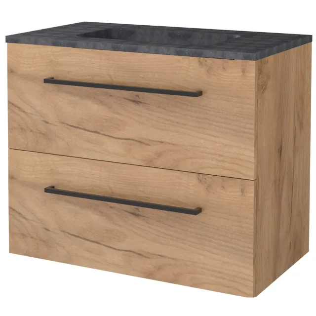 Boss & Wessing Badmeubelset BWS Salt 80x46cm Met Grepen 2 Lades Met Wastafel Hardsteen Whisky Oak Bruin