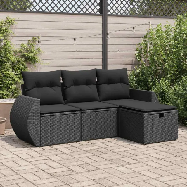 vidaXL 4-delige Loungeset met kussens poly rattan zwart, foto 2
