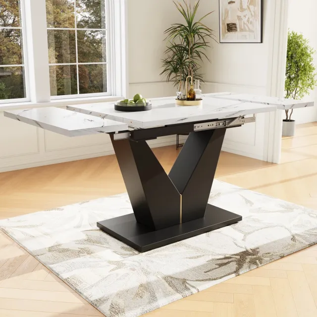 REDOM Eettafel - Uitschuifbaar - V-Vormige Poten - Modern - MDF En Metaal - Wit/Zwart - 99-159 X 75 X 75 Cm Wit+Zwart