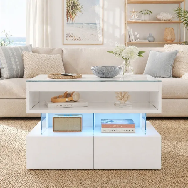 MEUNIQ in hoogte verstelbare salontafel 70 x 67 x 57 cm met glazen lift-top, 16-kleuren ledverlichting, lades en opbergvakken voor de woonkamer, wit